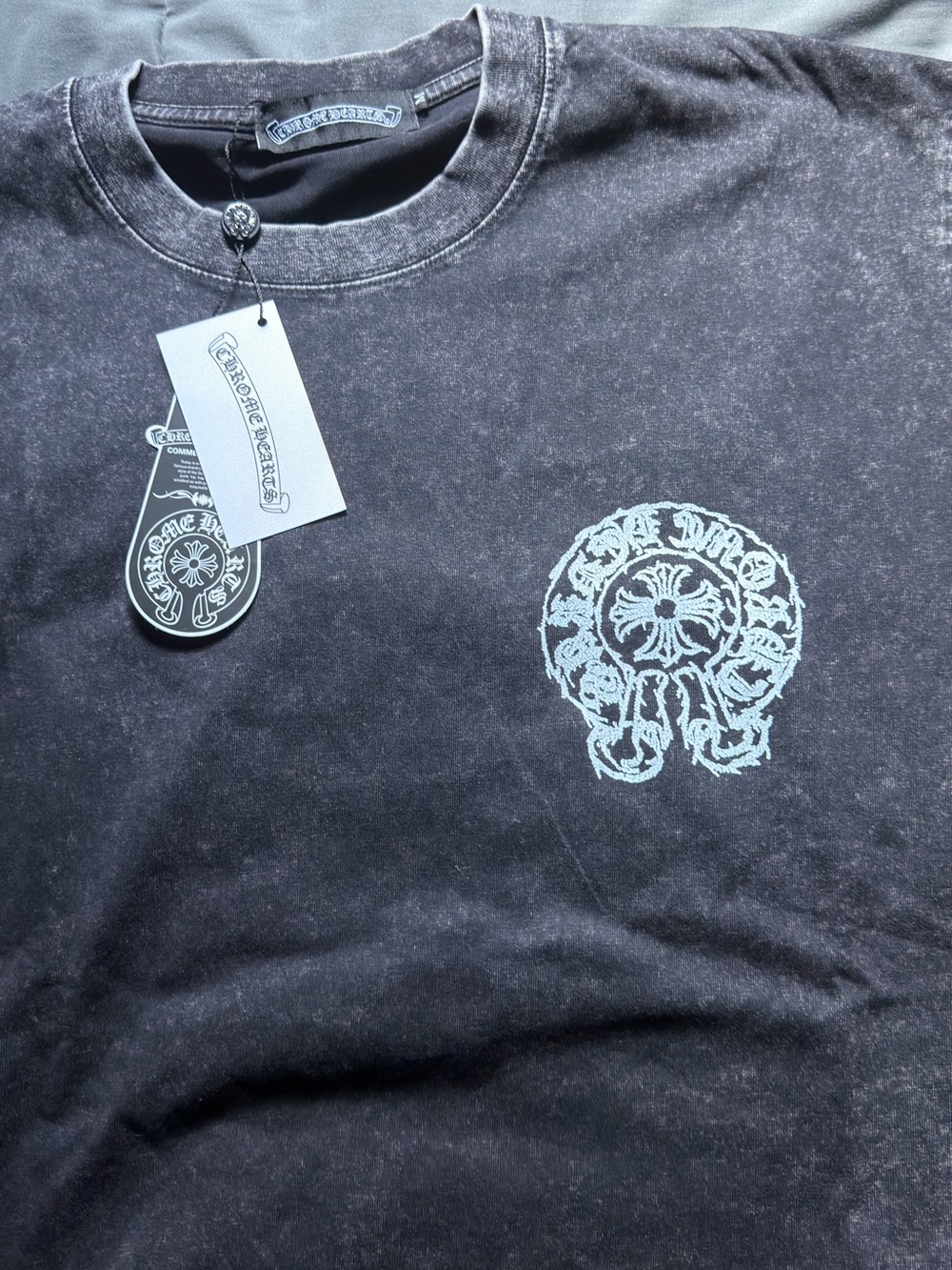 Chrome Hearts Black Tee with Pale Blue Chest Emblem